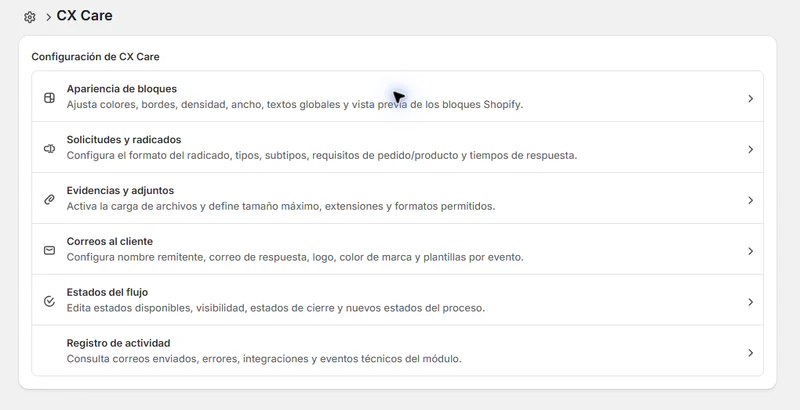Customer Experience dentro de Shopify, vista de configuración del producto.